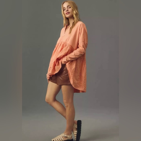 Anthropologie Pilcro Long-Sleeve Babydoll Blouse Gingham Orange Peach Top Small - Picture 4 of 8